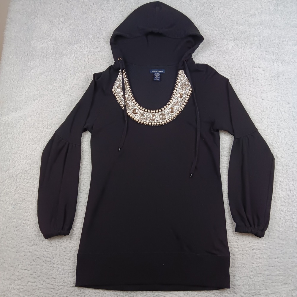 Boston Proper Hoodie Woman M Black Embellished Pearl Puff Sleeve RN 106447
